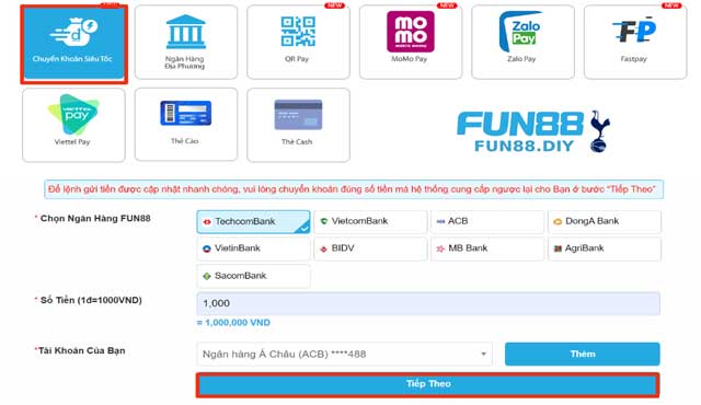 Chọn ngân hàng và số tiền muốn nạp 